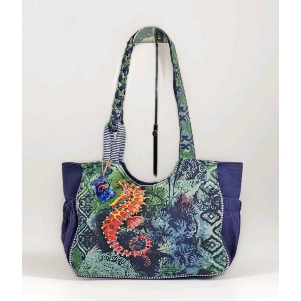 Paul Brent Seahorse Canvas Tote Bag Large Braided Shoulder Purse Beach Cruise - Picture 2 of 16